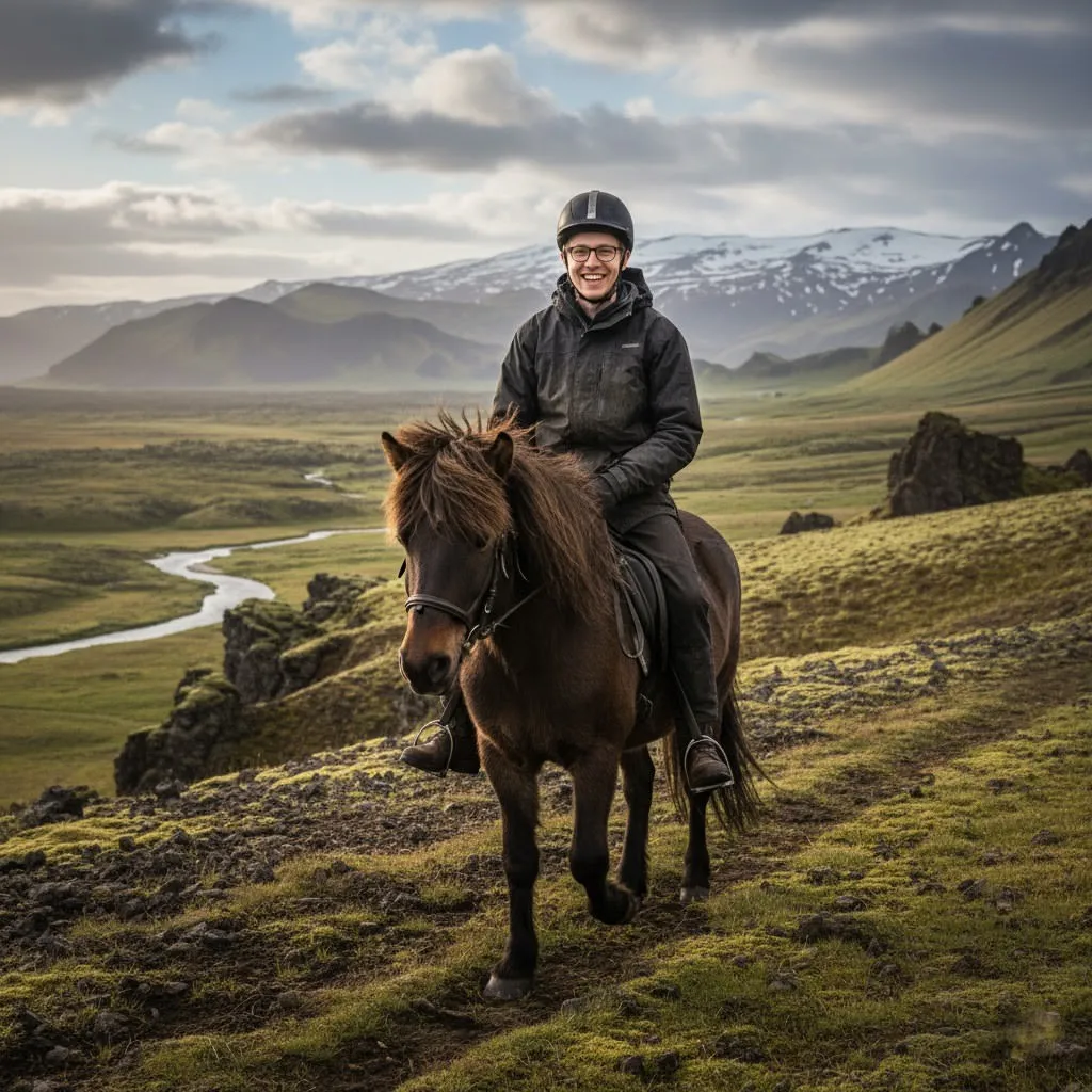 Tommi Korhonen riding an Icelandic horse across a green valley below snow-streaked mountains